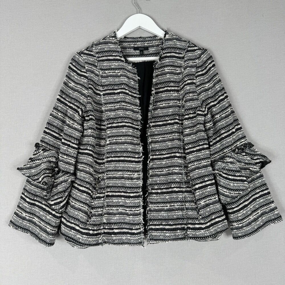 Drew Womens Jacket Medium Black Tweed Ruffle Flare Sleeve Open Cardigan Blazer